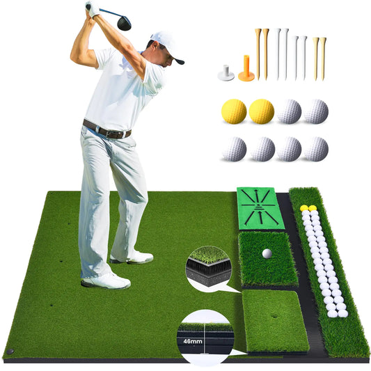 Haokelball Golf Mat Set 3-in-1 Golf Hitting Mat with Golf Ball Storage Zone 5x4 ft Golf Mats Practice Indoor Outdoor with 3 Interchangeable Strips 8 Golf Balls and 10 Golf Tees Green